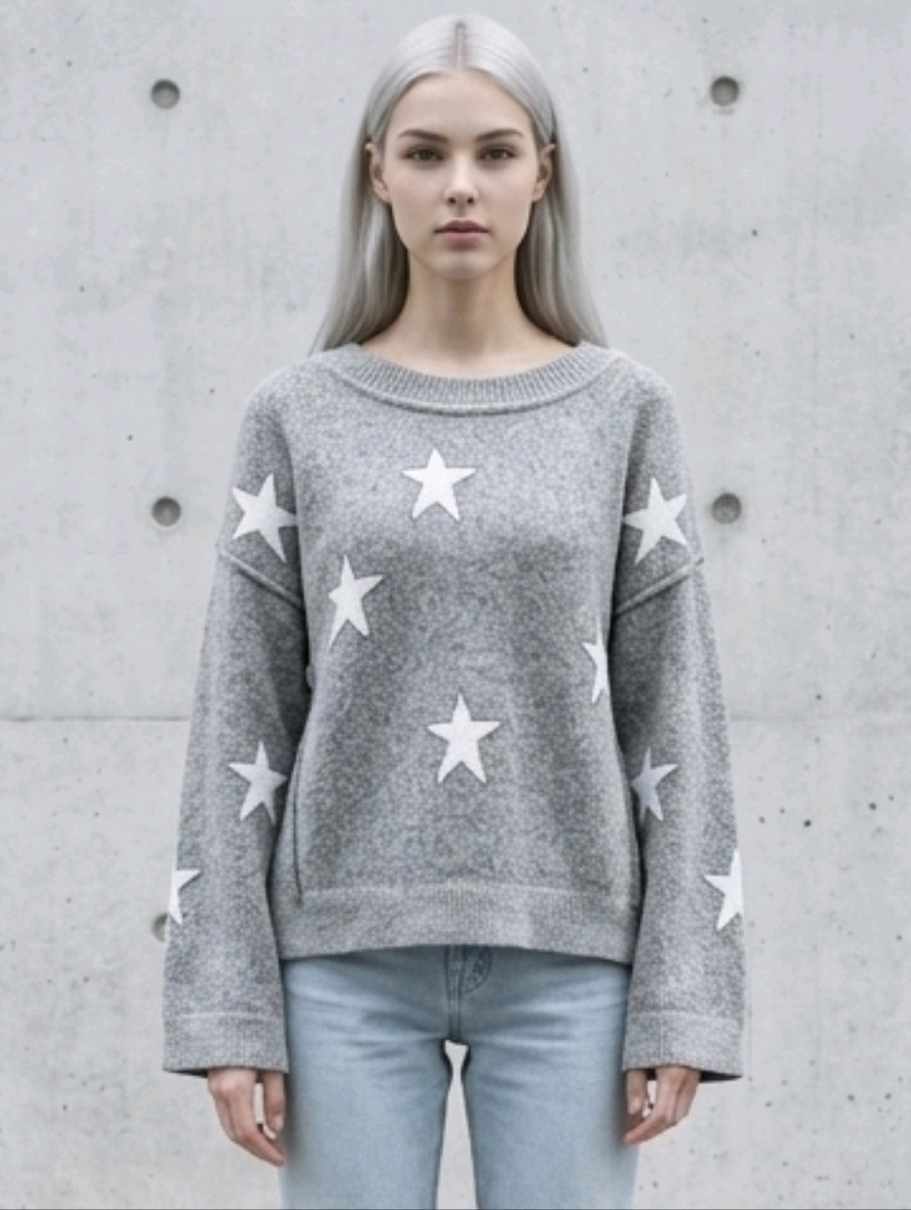 Stars Heavy Knlt Oversized Gray Sweater 1X